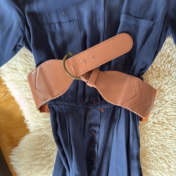 Navy Blue Dress with Brown Belt - Picture 3 of 4